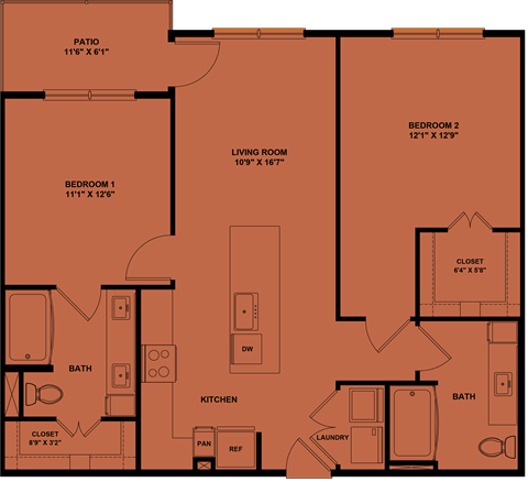 Floor plan for 2 beds, 2 baths, 1005 sqft
